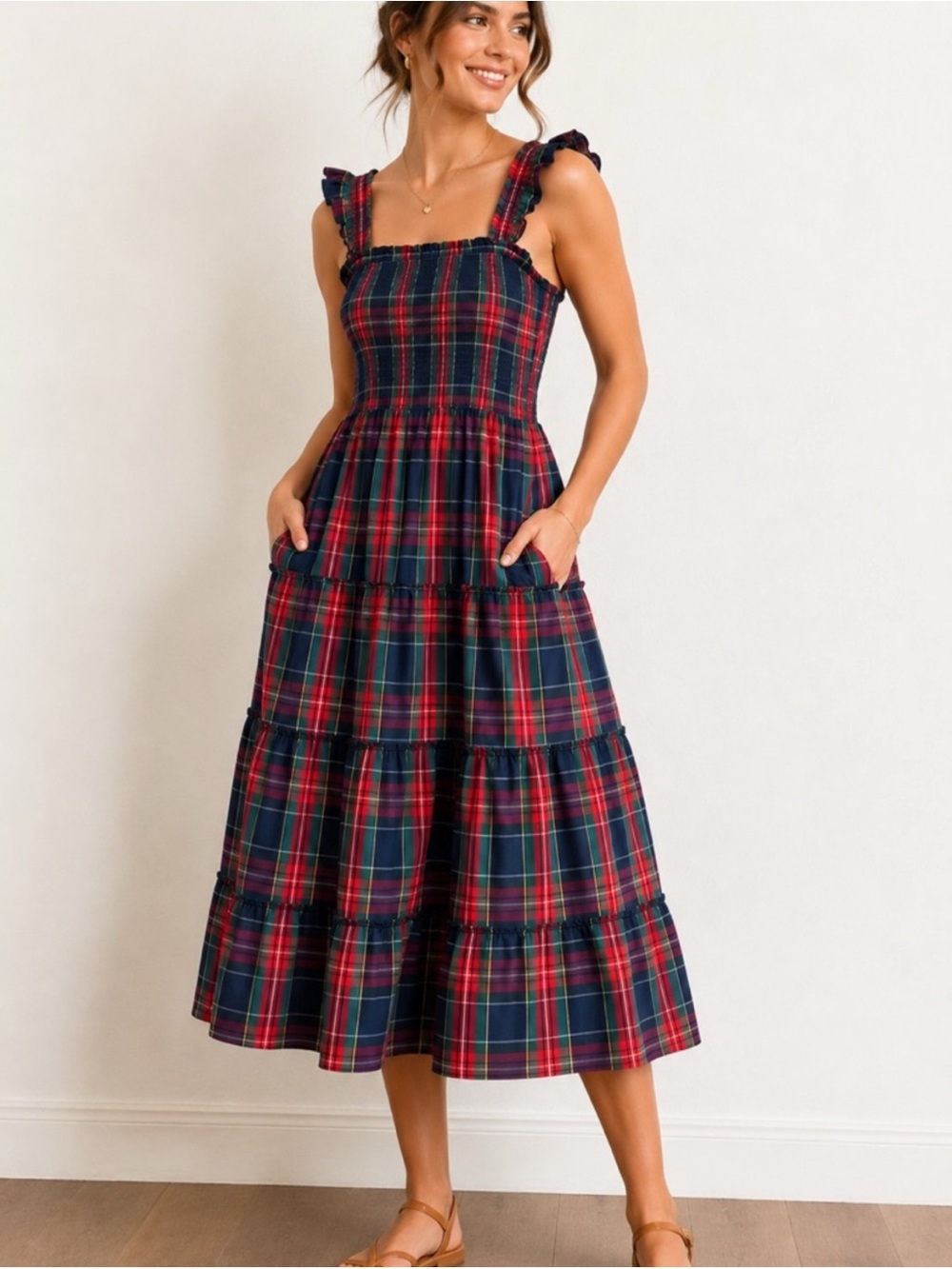 J.Crew Tartan Holiday Plaid Smocked Midi Dress Small Ruffle Sleeves Pockets XS